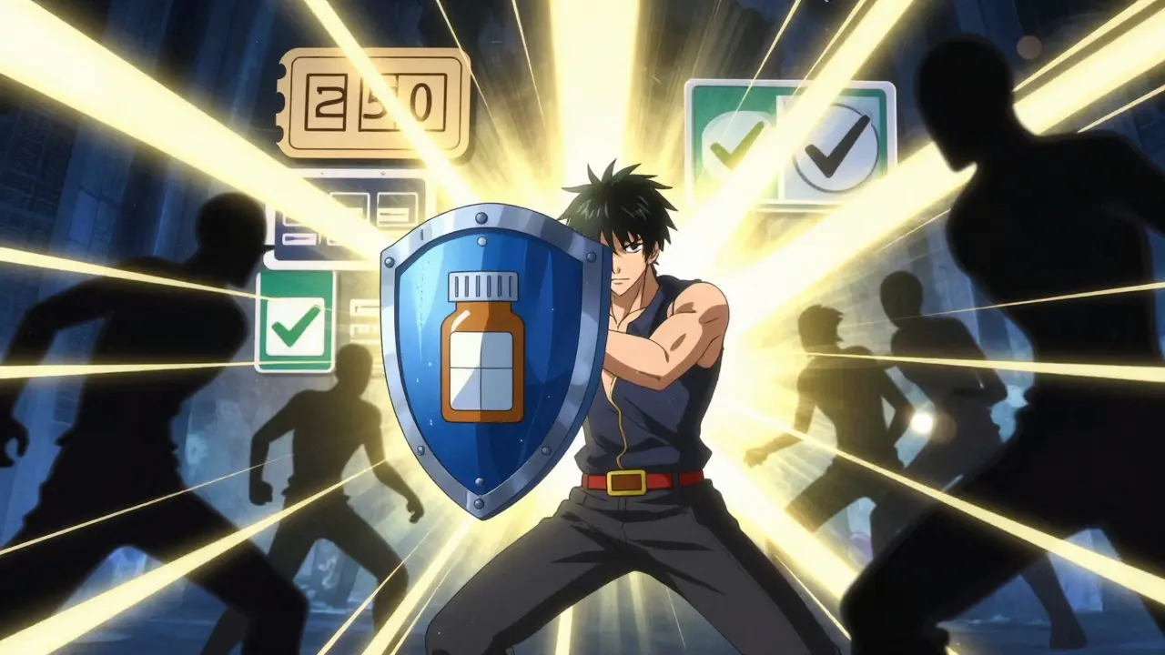 Heroic figure blocking scam pills with shield