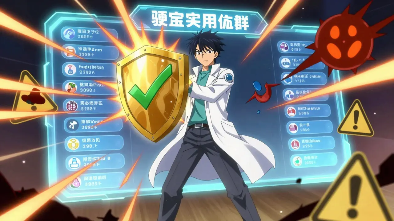 Heroic pharmacist blocking scam attacks with a safety shield in anime style.