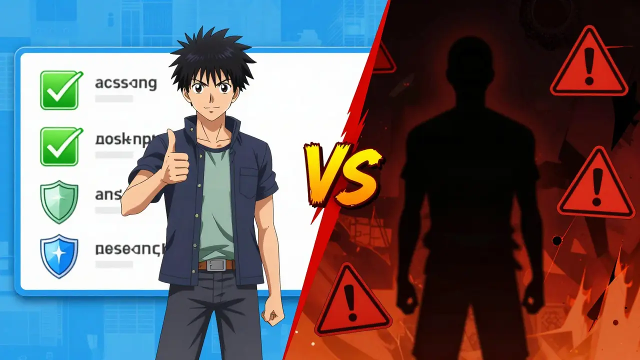 Manga-style split scene showing safe green pharmacy icons versus dark red danger zones.
