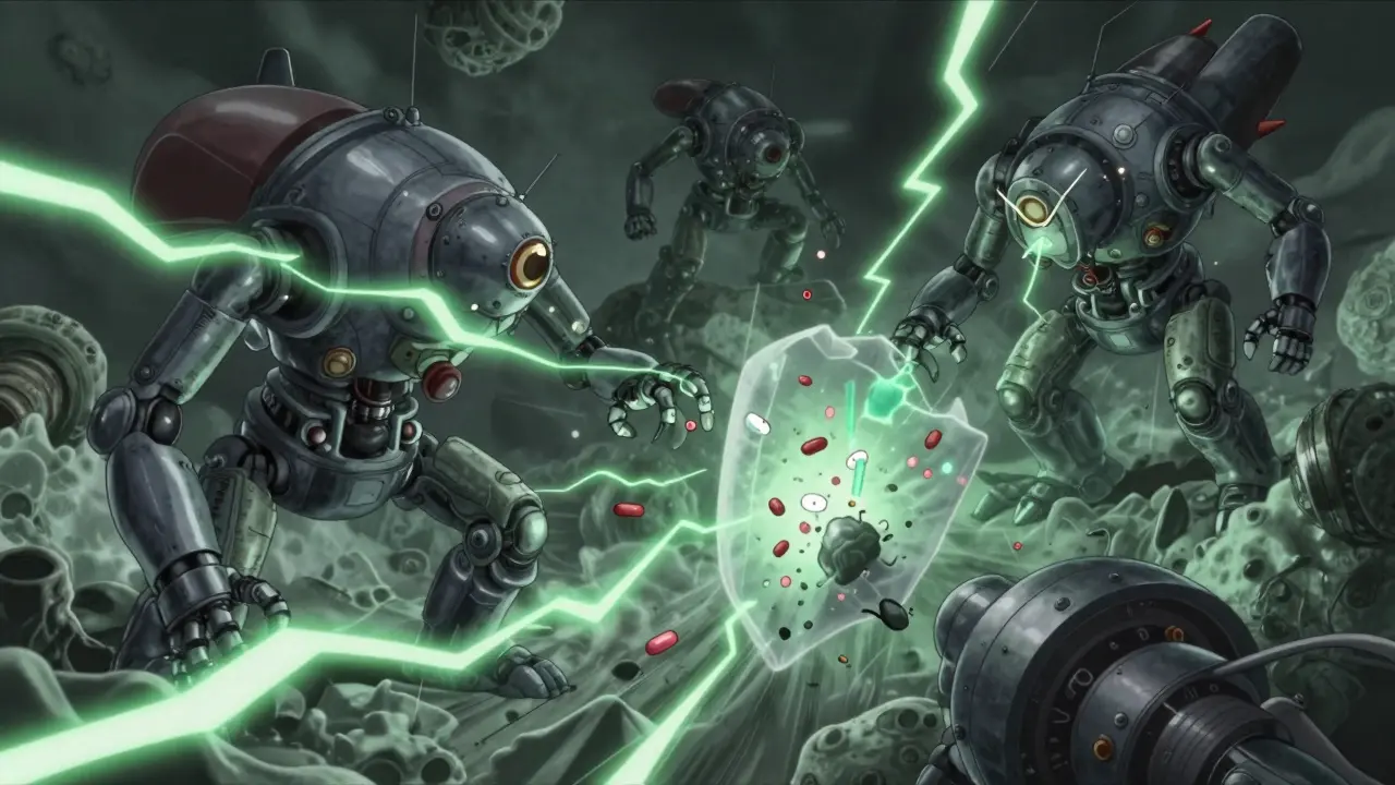 Microscopic view of liver enzymes rapidly destroying warfarin molecules in anime style