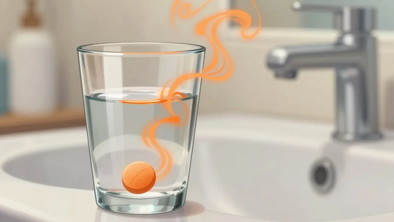 Orange tablet dissolving in water with glowing vapor in a bathroom