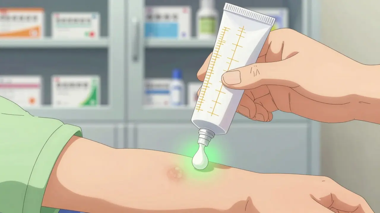 Parent applying precise amount of cream to child's healing skin in anime style.