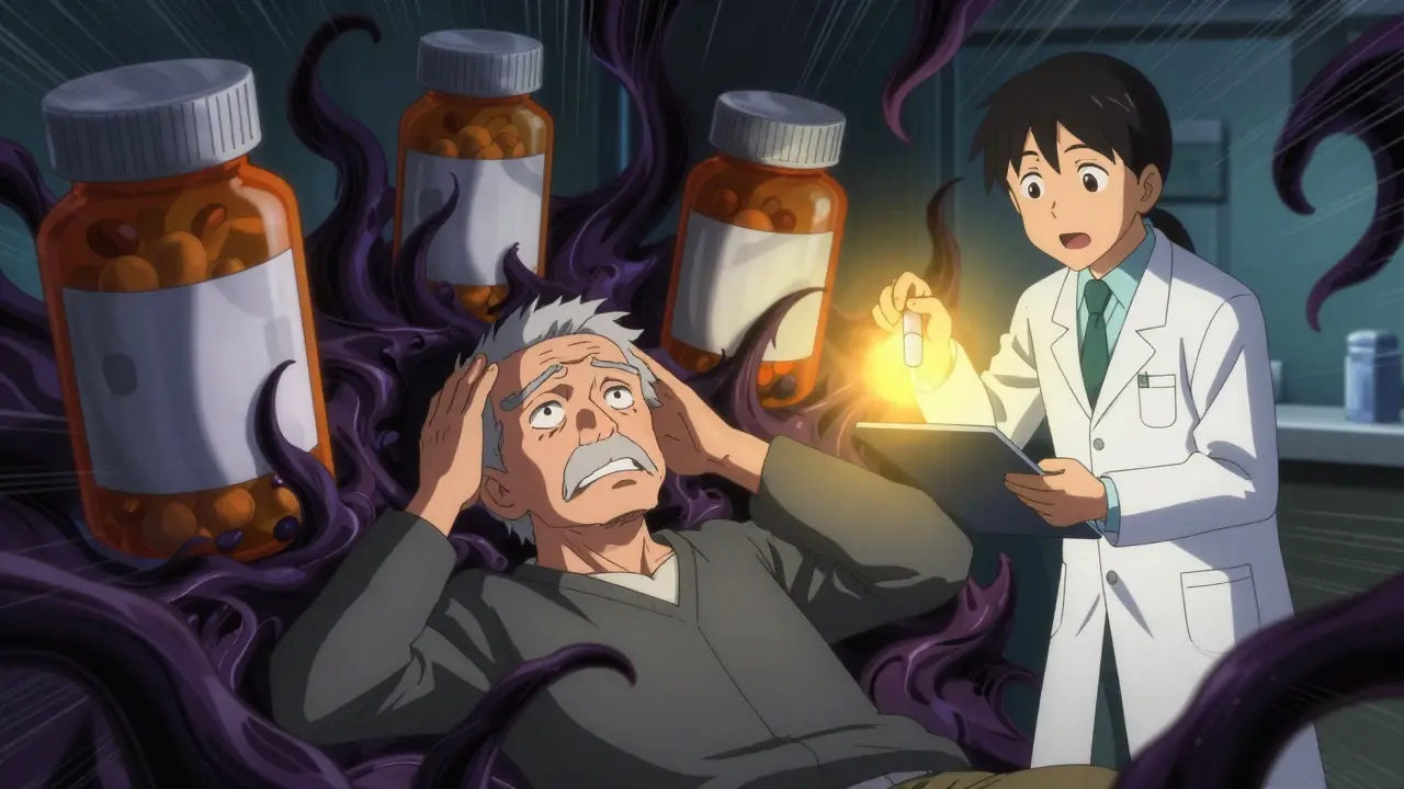 Patient freed from side effect shadows by pharmacist's guidance in anime art