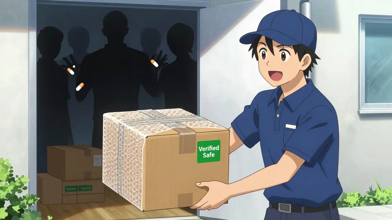 Safe delivery of verified medication package with happy characters in anime.
