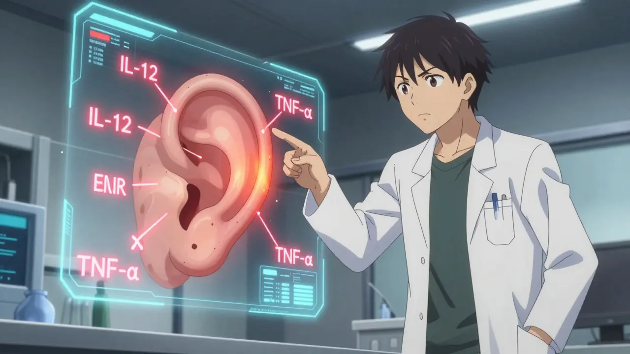 Scientist analyzing holographic inner ear inflammation data