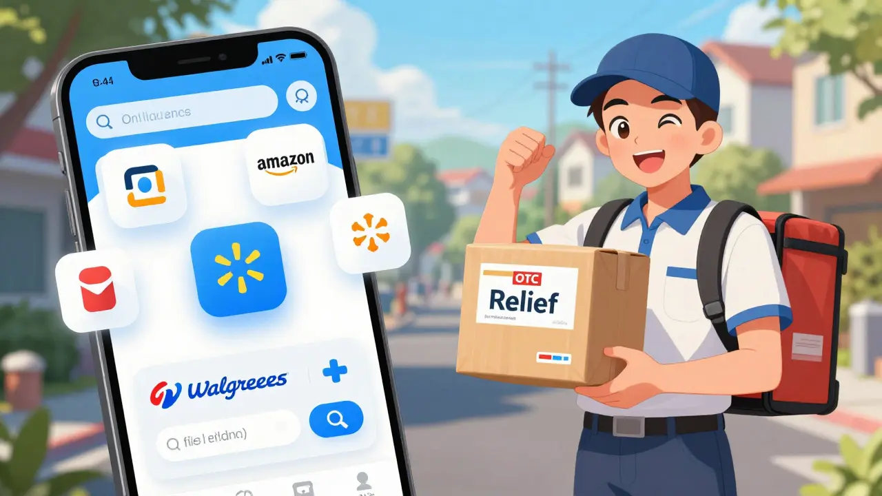 Split screen showing online pharmacy app icons and a delivery person