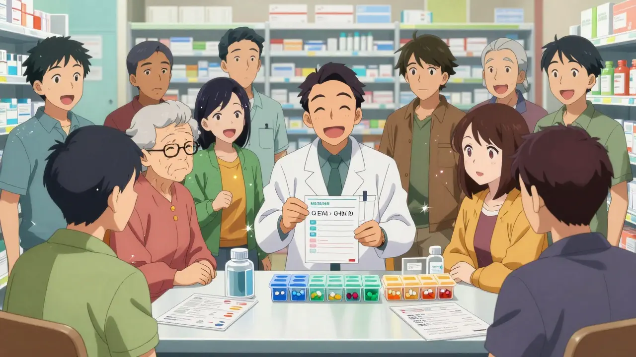 Triumphant group learning about medication safety from pharmacist in anime