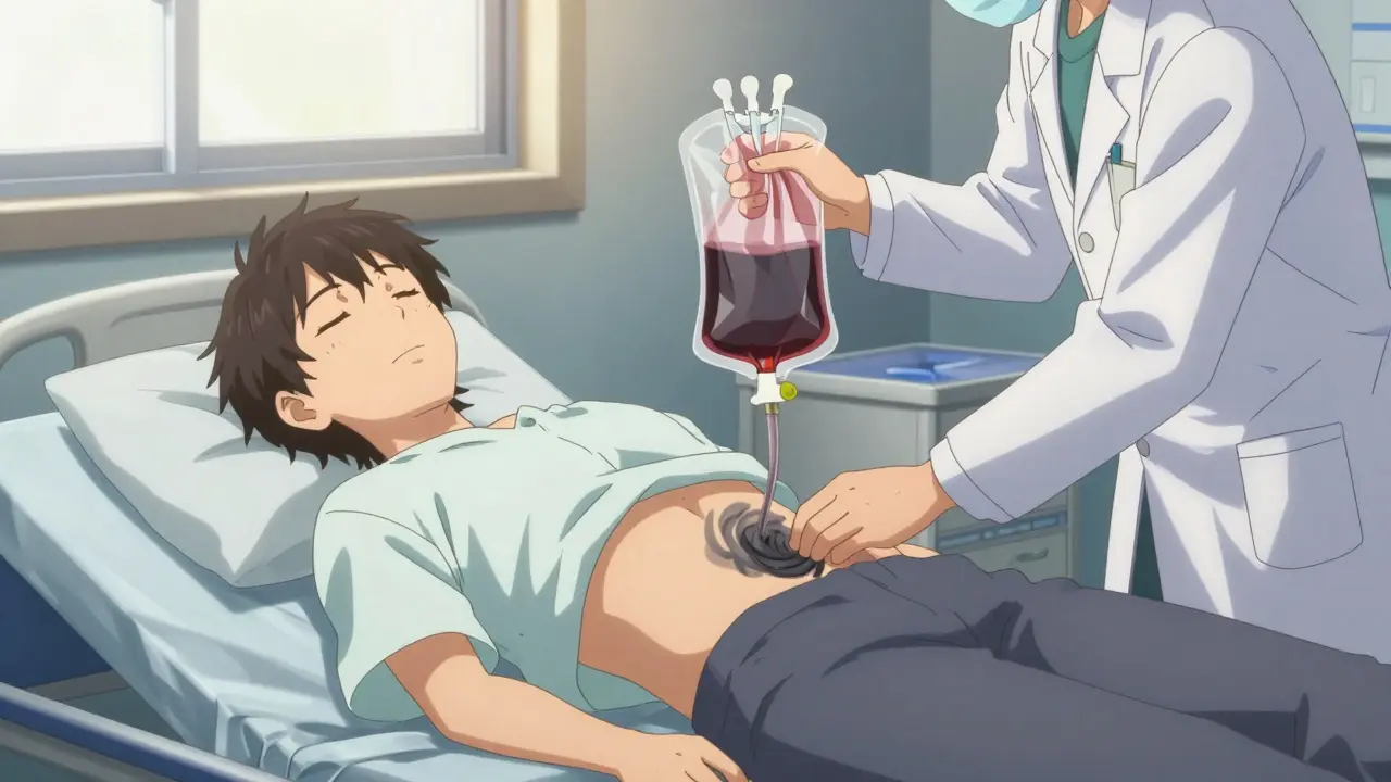 Anime doctor performing fluid drainage procedure on a patient