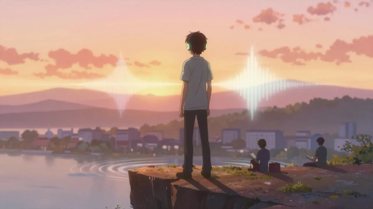 Anime hero finding peace from tinnitus at sunrise