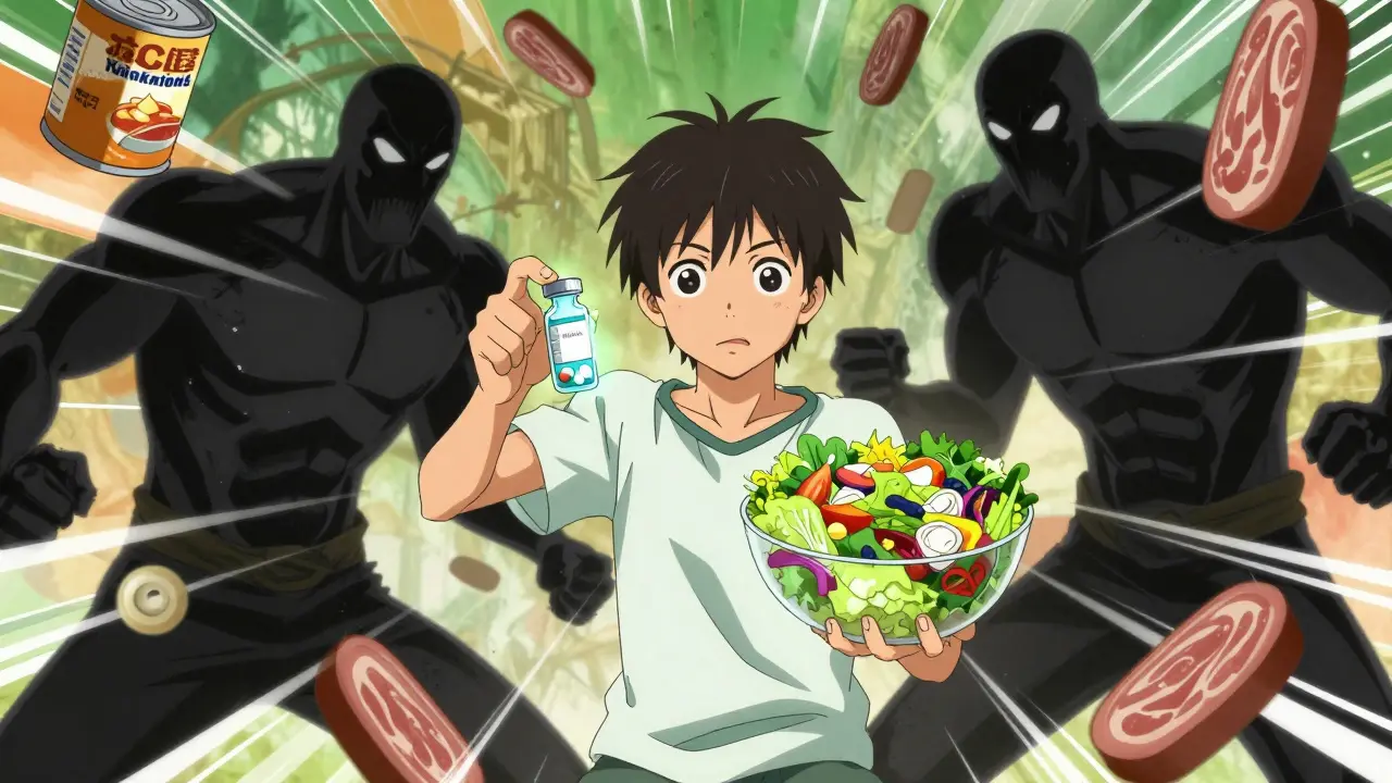 Anime hero holding medicine and salad fighting shadowy junk food