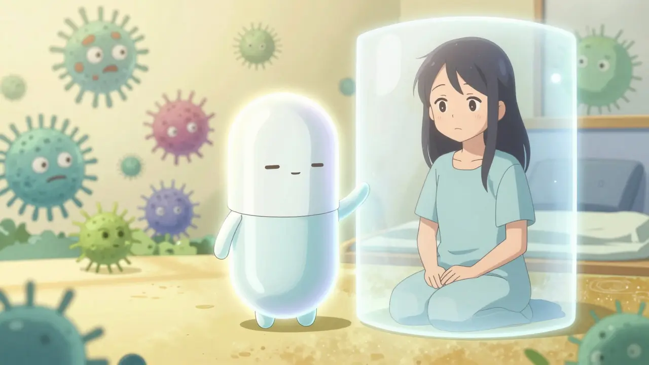 Anime style: Glowing postbiotic crystal protecting a patient safely