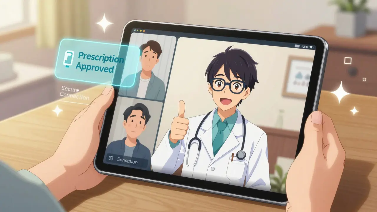Anime style telehealth consultation on a tablet with a doctor avatar approving prescription
