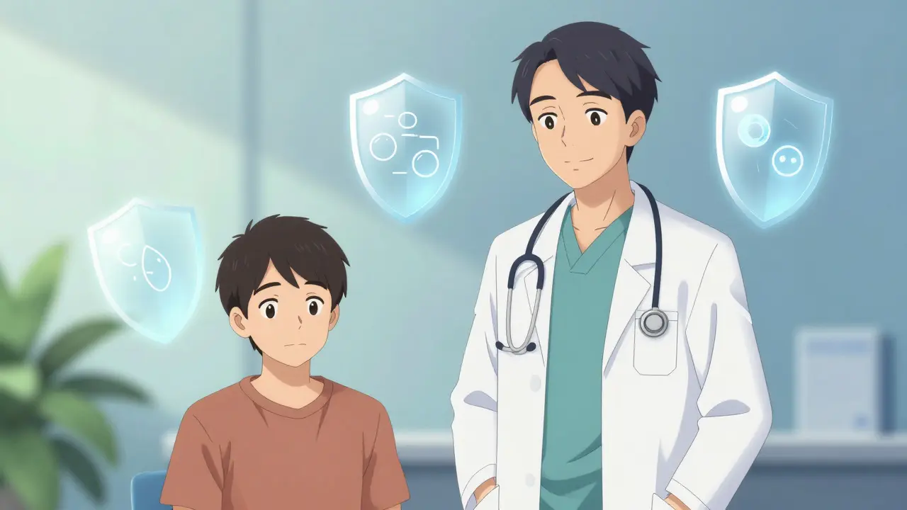 Calm anime doctor guiding patient towards safe treatment options in serene setting