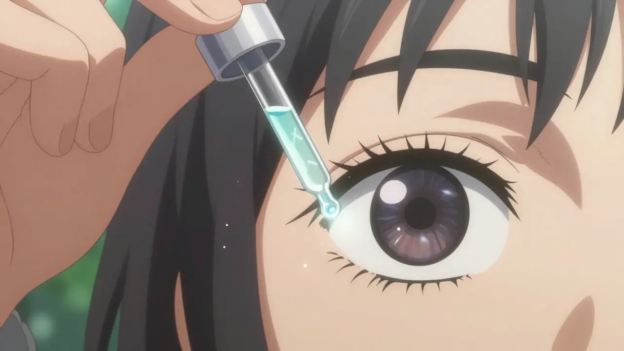 Close-up anime shot of applying eye drops from a sterile bottle to an open eye