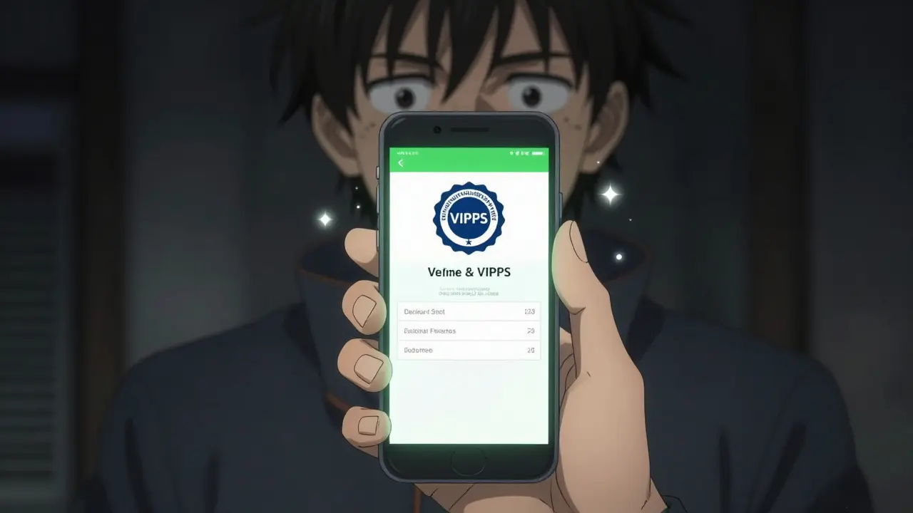 Close-up Shounen anime shot of a character holding a smartphone displaying a VIPPS verification seal and digital prescription, highlighting the importance of verifying online pharmacy legitimacy and safety.