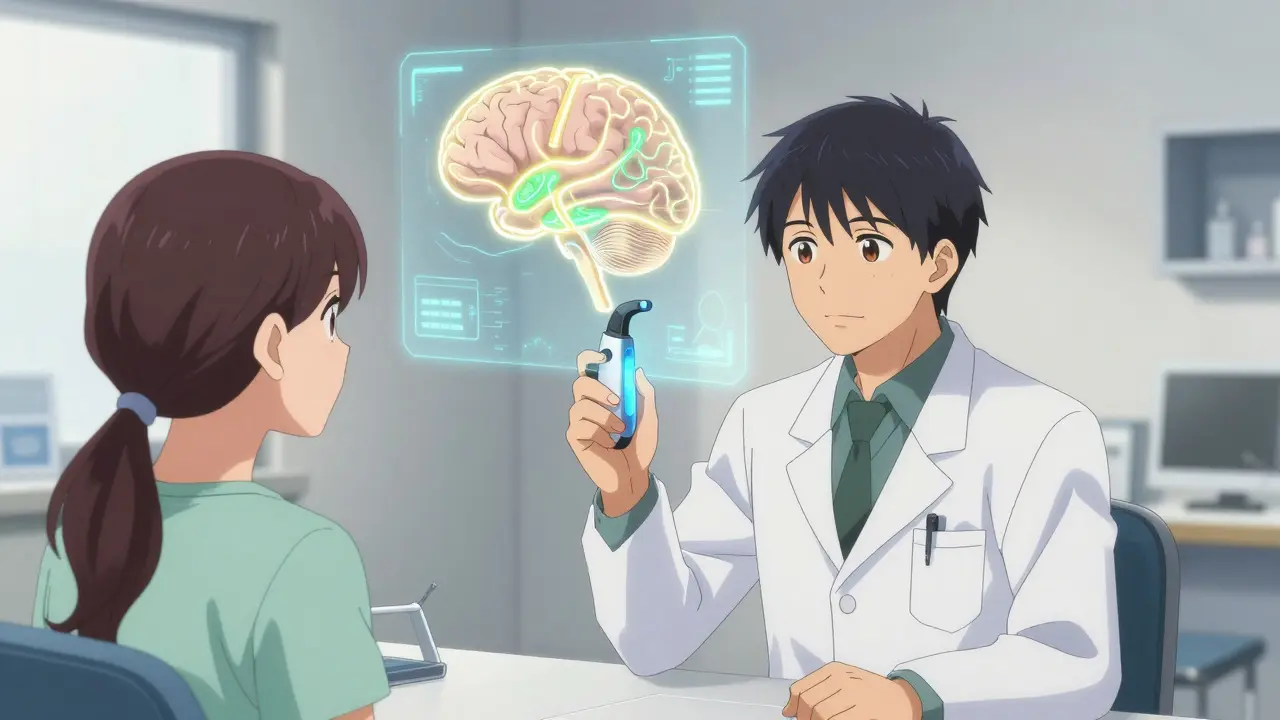 Doctor explaining hearing aids and brain diagrams in anime style