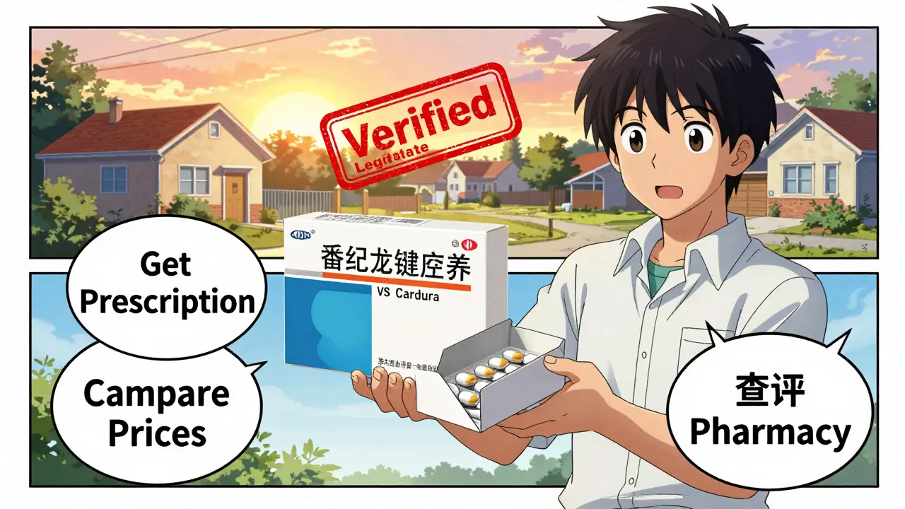Dramatic Shounen anime/manga panel showing a protagonist receiving verified generic doxazosin, with key ordering steps highlighted in text bubbles, set against a peaceful sunrise backdrop symbolizing health and stability.