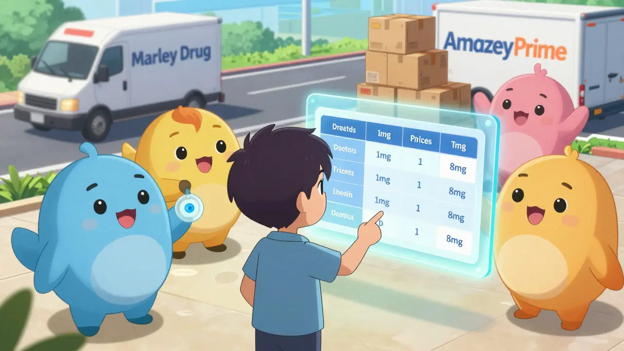Energetic Shounen anime scene with telehealth service avatars assisting a protagonist comparing doxazosin prices on a holographic screen, with delivery vehicles in the background symbolizing convenience and bulk savings.