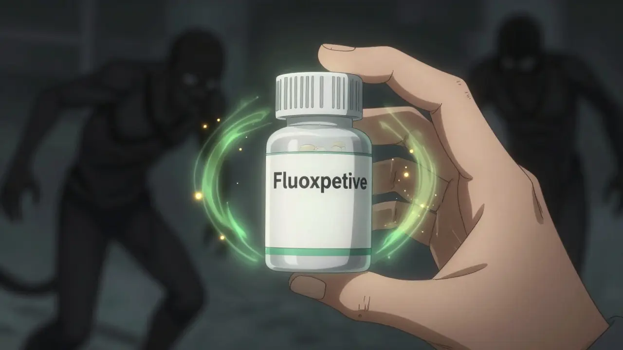 Glowing generic fluoxetine bottle driving away anxiety