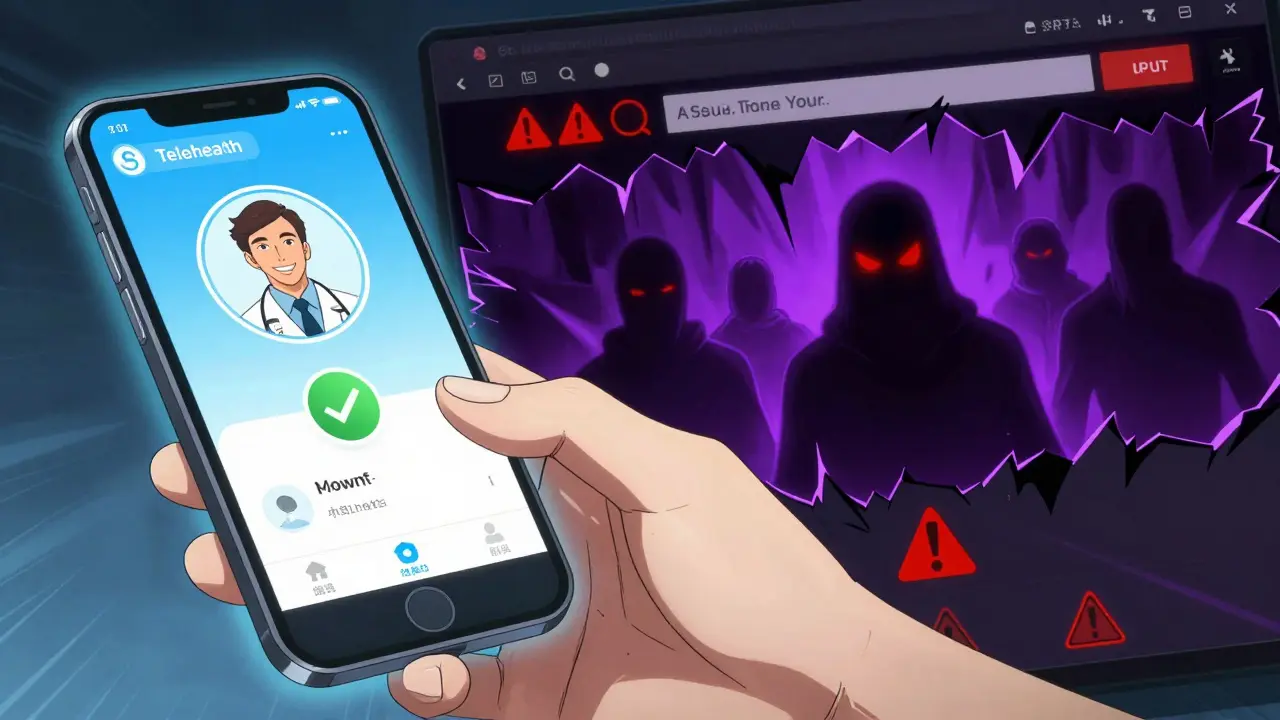 Manga style comparison of safe telehealth vs dangerous scam sites