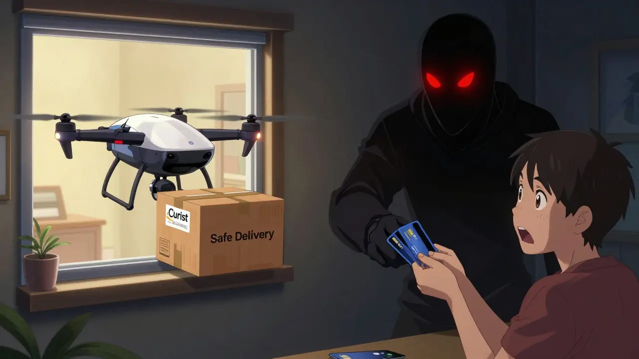 Split screen: safe delivery vs shady online pharmacy scammer