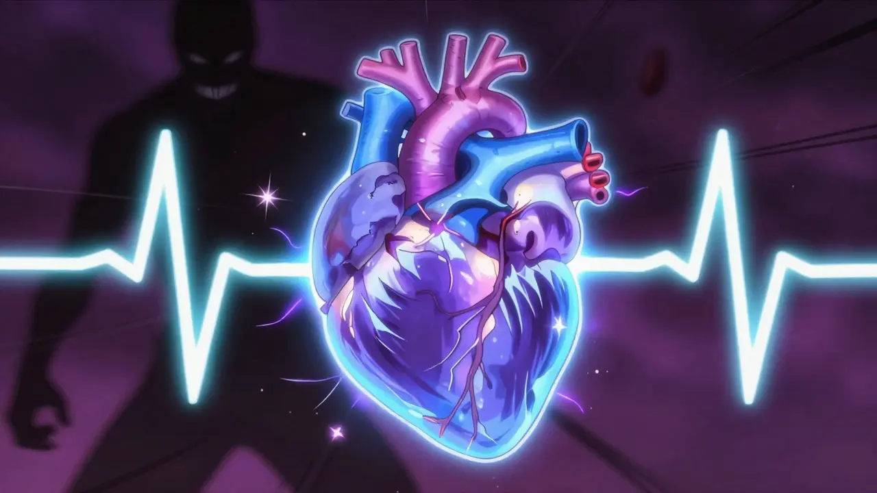 Stylized anime heart with electric shockwaves symbolizing cardiac arrhythmia risk
