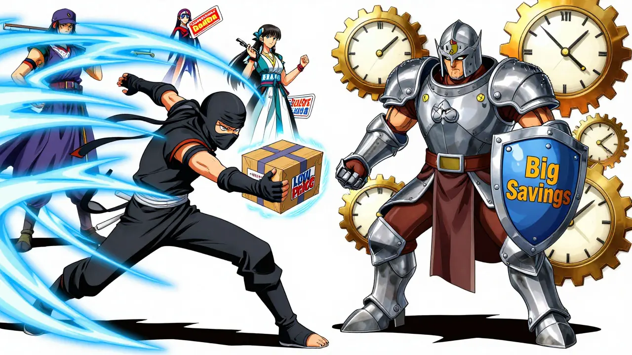 Anime battle scene comparing fast US pharmacies vs slow Canadian ones