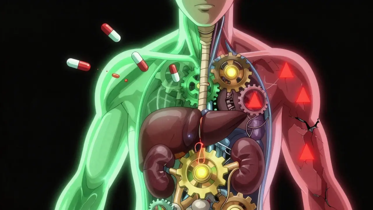 Anime character with visible organs showing how body processes medication differently