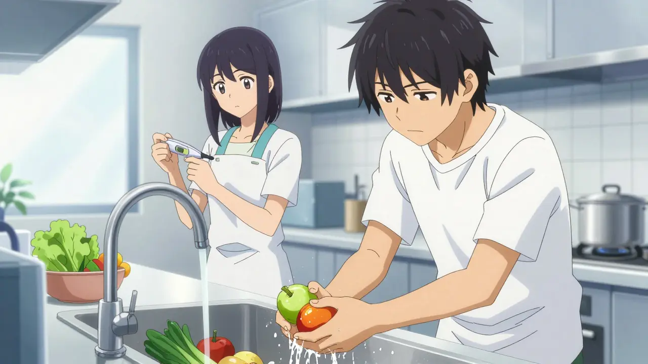 Anime characters practicing strict kitchen hygiene and food safety.