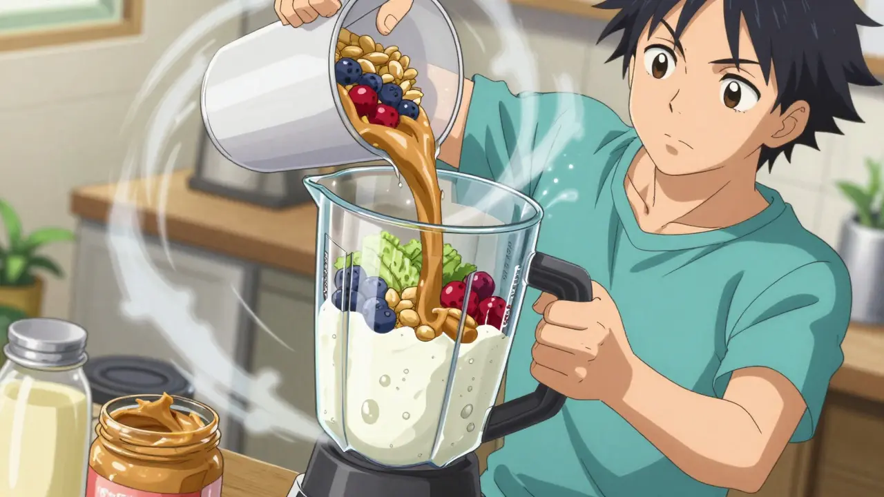 Anime hero blending a high-protein smoothie with dynamic energy effects.