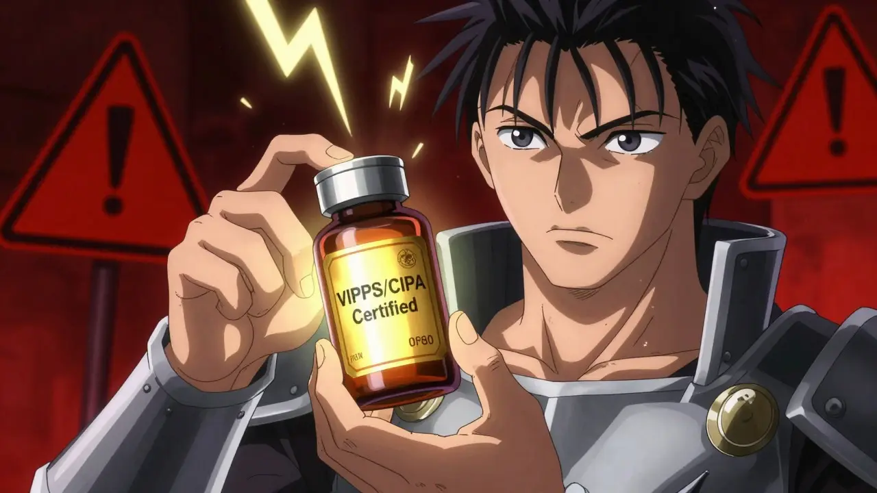 Anime hero protecting against fake drugs with certification badge