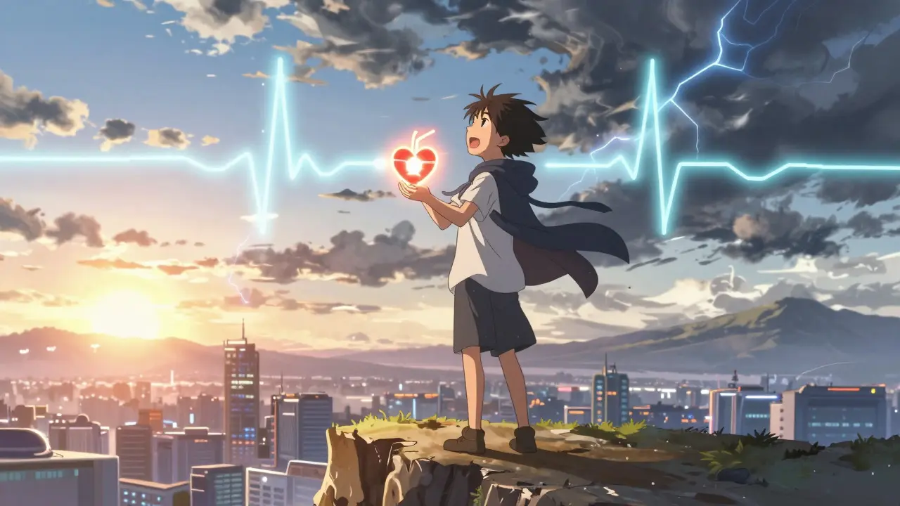 Anime patient holding a healing heart emblem against a sunrise backdrop