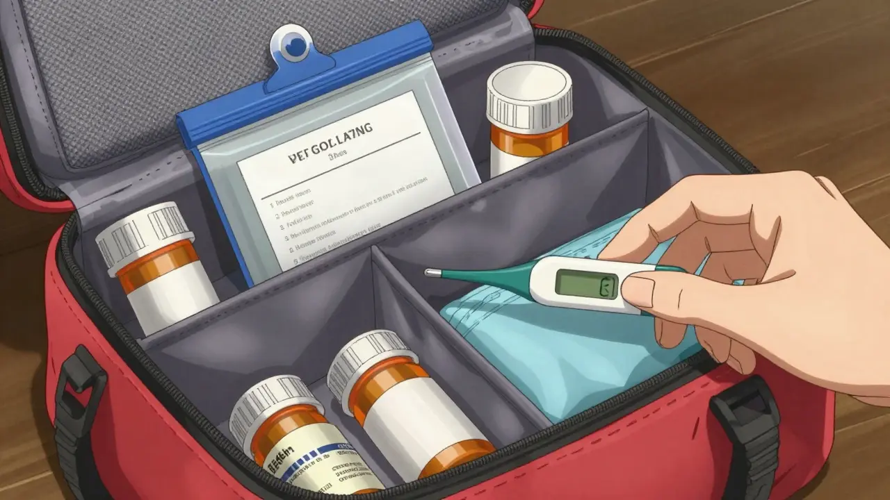 Close-up of organized meds and cooling tools in emergency bag