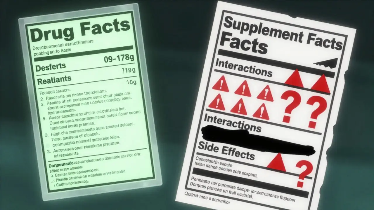 Comparison of Drug Facts vs Supplement Facts labels with hidden warnings