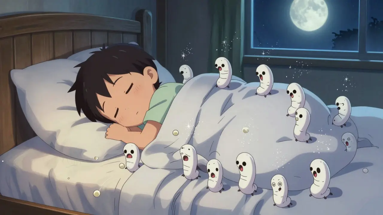 Cute but creepy pinworms sneaking around a sleeping child's bed