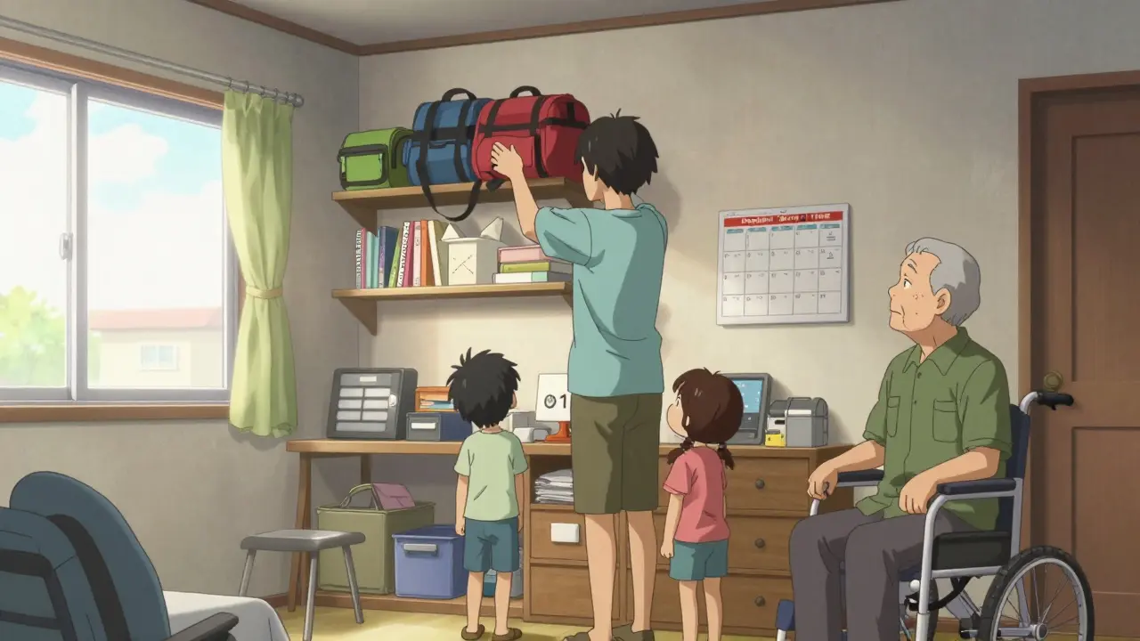Family storing color-coded go-bags on high shelves at home