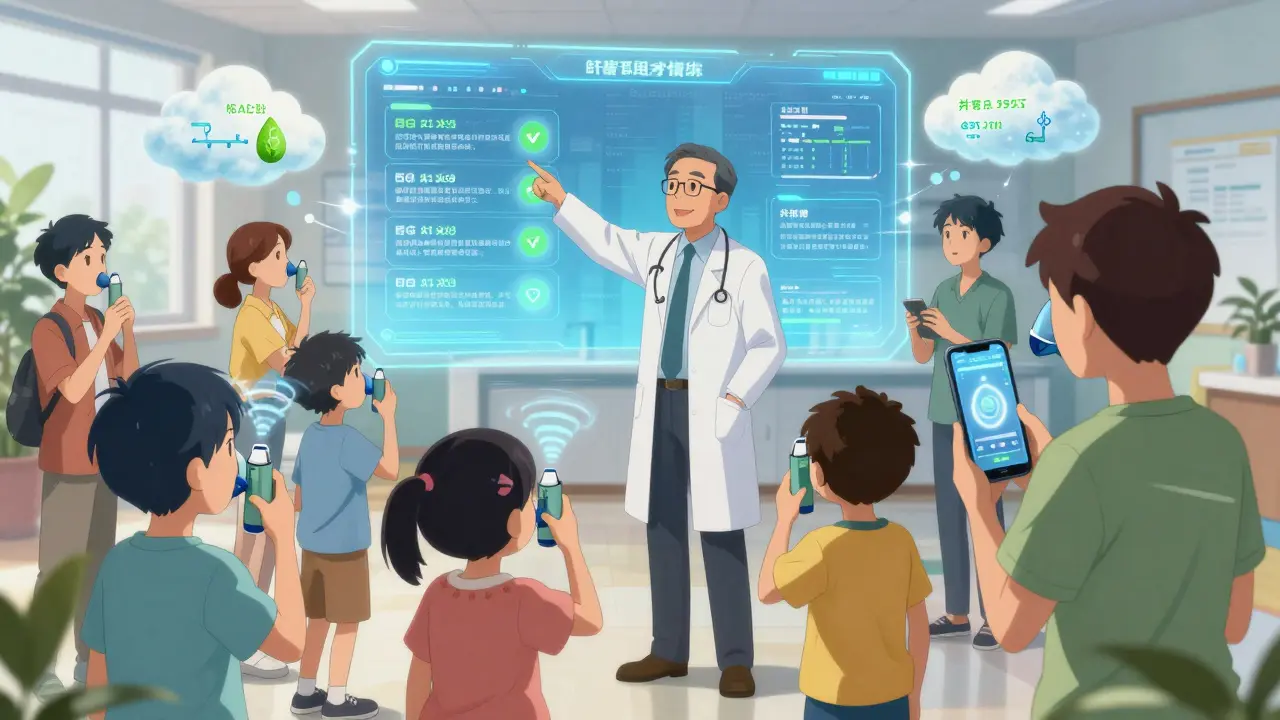 Group of anime characters using smart tech for asthma management