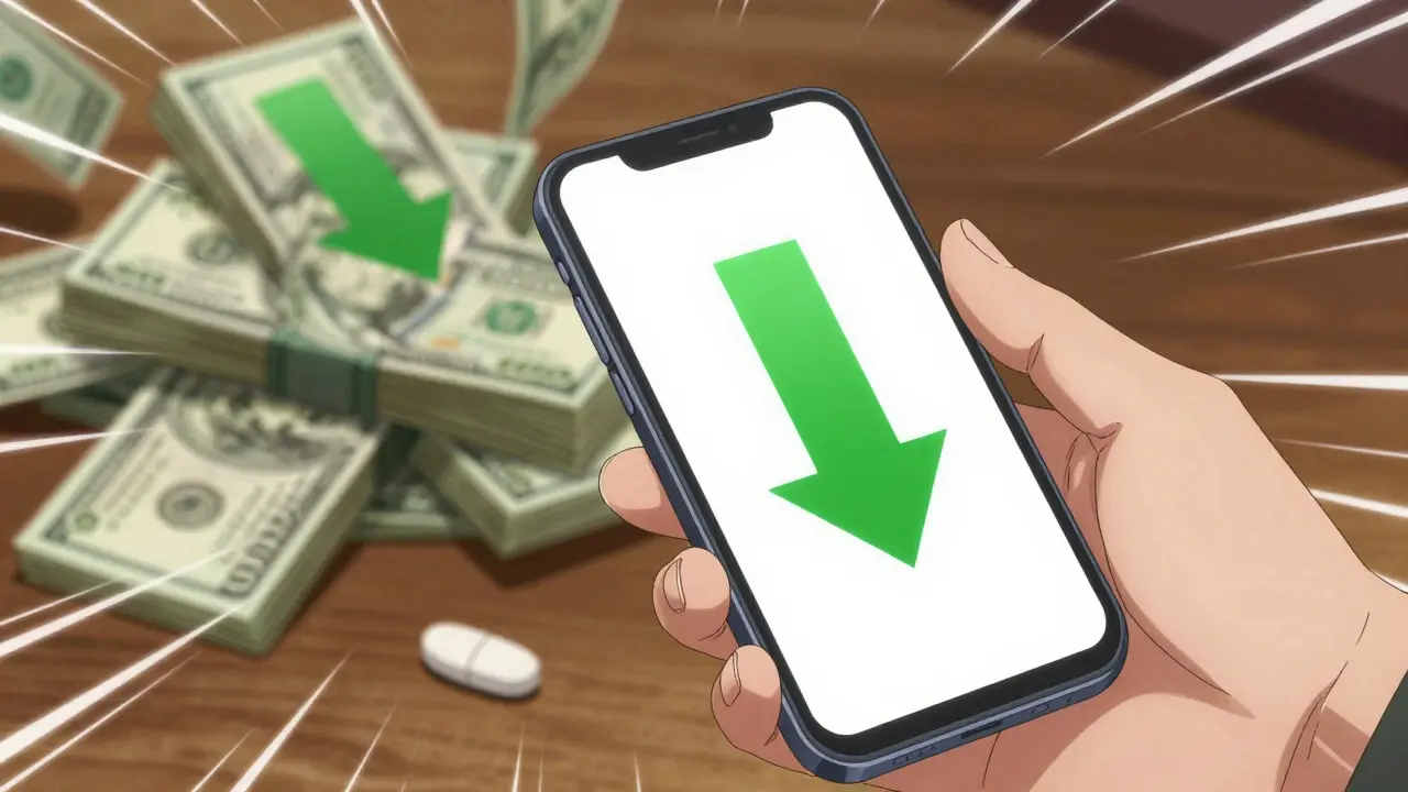 Hands using smartphone to compare medication prices with savings graphic