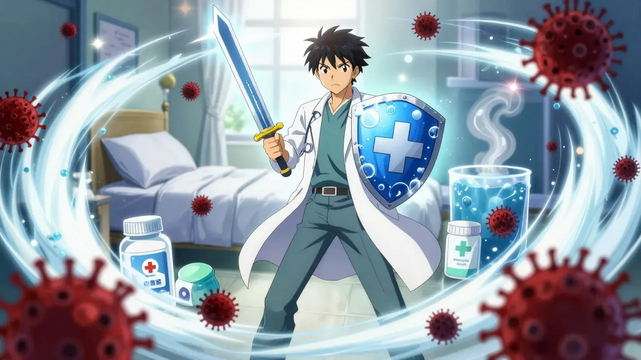 Heroic doctor battling parasite shadows with medicine and hygiene