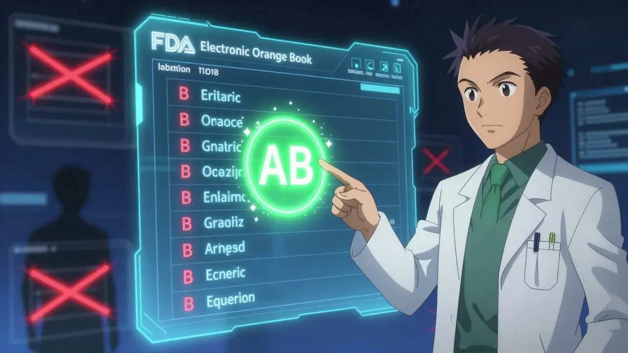 Heroic pharmacist pointing at an AB-rated drug entry on a digital screen