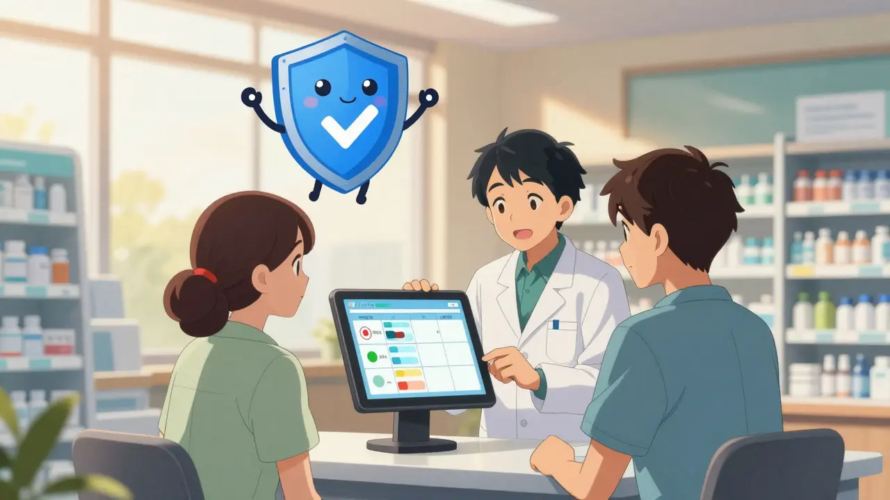 Patient and pharmacist smiling while reviewing verified drug info on a tablet