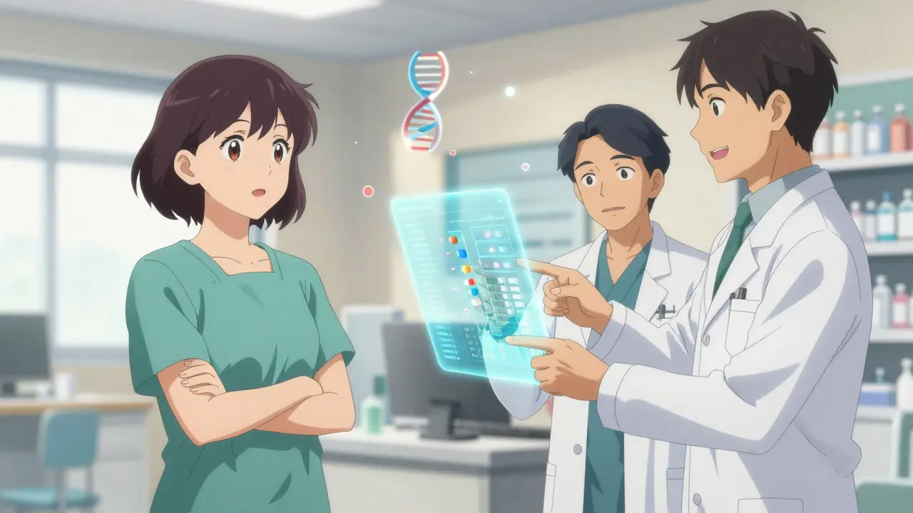 Patient consulting doctors and pharmacist about personalized medication dosing
