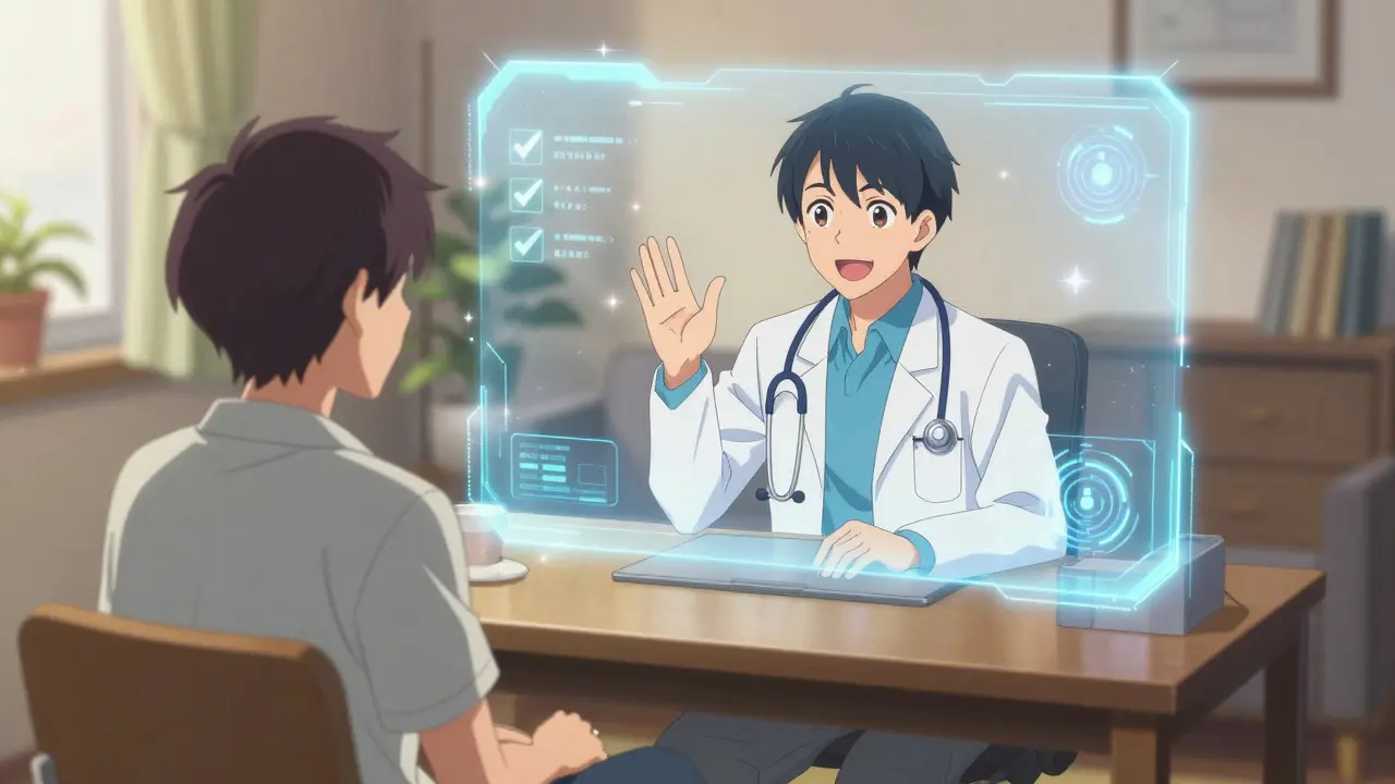 Patient consulting with doctor via holographic screen in living room