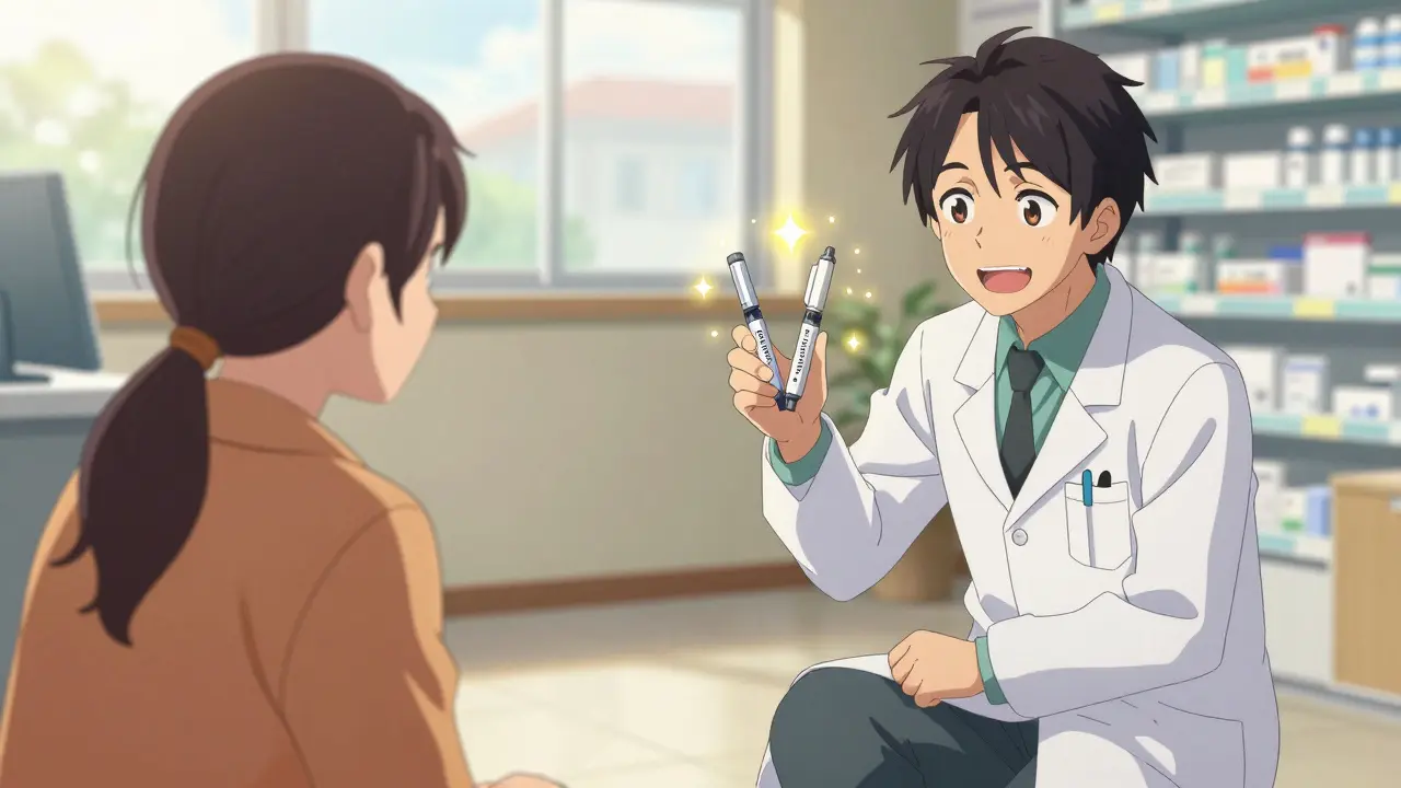 Pharmacist explaining biosimilar pen to patient