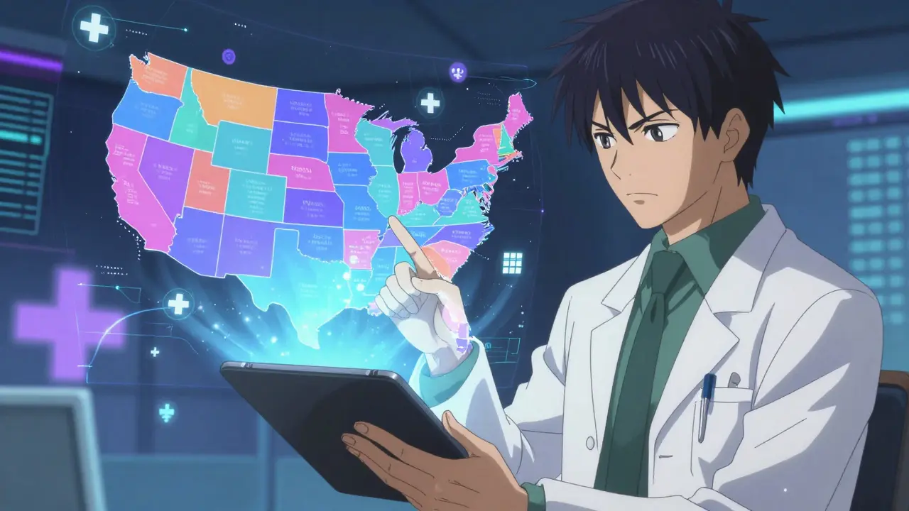 Pharmacist reviewing US state law map hologram