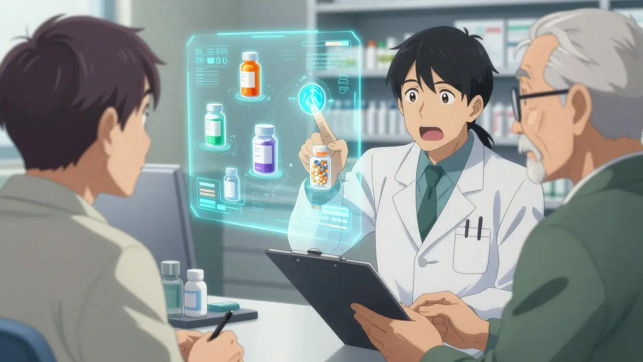Pharmacist reviews floating pills with patient during consultation