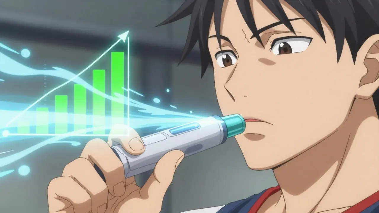 Shounen anime hero concentrating while using a peak flow meter