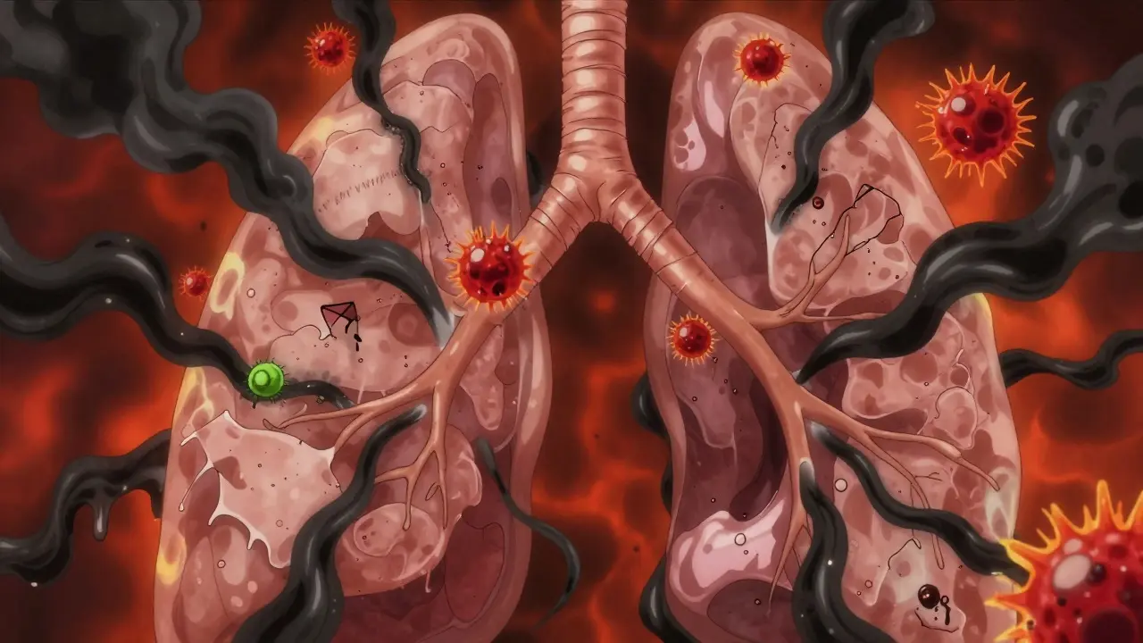 Stylized anime lungs clogged with toxins and inflamed