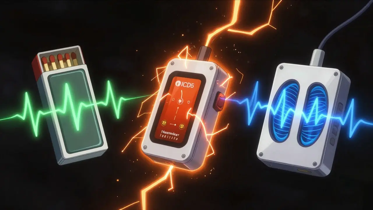Three anime-style medical devices: pacemaker, ICD, and CRT unit glowing