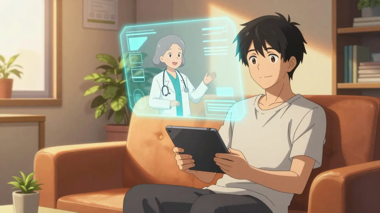 Anime boy consulting a doctor via hologram in his living room